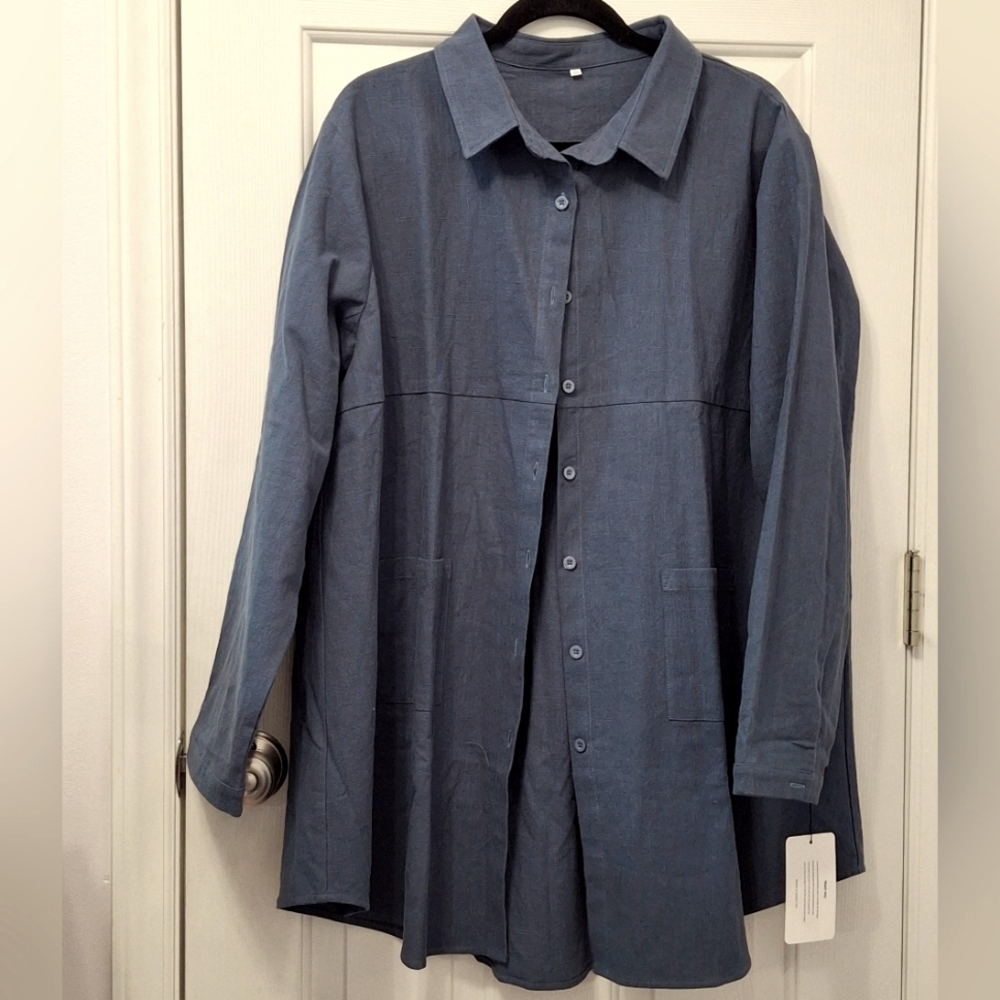Minibee Linen  Blue Shirt Jacket Tunic Button Down Top XXL Pockets NWT